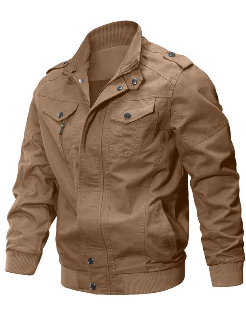 CRYSULLY Men's Cotton Lightweight Multi Pockets Zip Front Stand Collar Military Jackets Windbreaker - Image 2